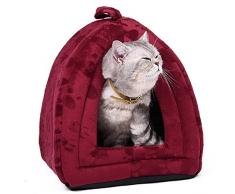 OHANA Maison Niche pour Chien Chat avec Coussin Amovible, Dôme Chat Pliable et Confortable 40 * 32 * 32cm Rouge