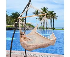 RAIN QUEEN 100% Fait à Main Balançoire Hamac de Chaise Jardin Lin+ Barre en Bois Hamac Suspendu Chaise Charge 150 kg (Filet Beige)