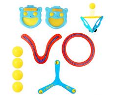 deAO Jeu d’Attrape incluant 2 Raquette en Forme de moufle, 4 balles en Plastique et 3 Boomerang