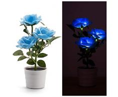 La belle et la Bête-Lampes Solaires à Fleurs Roses LED Artificial Rose Pot Flower Bonsai LED Lamp (Bleu)