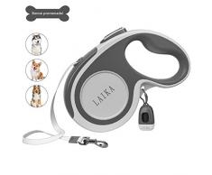 LAIKA Laisse Enrouleur pour Chien en Nylon Solide, Laisse Rétractable Chien avec Coutures Réfléchissantes Laisse Chien Enrouleur 5M, Un Boutton pour Contrôler Taille M pour Les Chiens 15-30kg, Gris