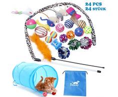 Toozey Jouets Chat 24 Pièces Jouet Chat Jouet à Plumes pour Chat Jouet Chaton et Kitty avec Plumes, Tunnel, Balles, Souris et Boules avec Sac de Rangement