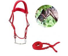 Pssopp Bridon Cheval, Rouge Réglable Harnais pour Cheval Mousquetons De Cheval Mors De Filet Amovible avec Coussin Doux Et Épais