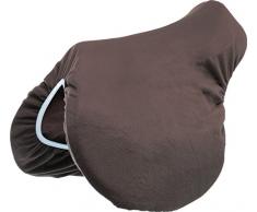 Housse de selle fibres polaires - chocolat, élastique bleu ciel - cheval