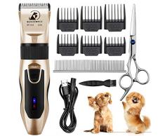 Tondeuse Chien, Bonve Pet Professionnelle tondeuse pour chien pour chats et animaux, Bruit inférieur à 50 db, Piles rechargeables, 5 positions, 4 heures dutilisation, avec 7 accessoires