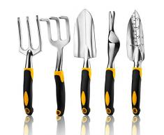 RONGRONG Lot de 5 Outils de Jardinage Comprenant truelle, transplantée, cultivateur, Weeder, Fourche de désherbage, Outils de Jardin avec têtes en Fonte daluminium et poignées ergonomiques 5pcs