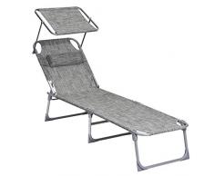 SONGMICS Chaise longue, Bain de soleil, Transat de relaxation, avec appui-tête, dossier et parasol inclinables, léger, pliable, 53 x 193 x 29,5 cm, charge 150 kg, pour jardin, Gris beige GCB19T