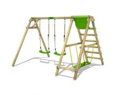 FATMOOSE Portique balançoire JollyJade Wave XXL balançoire double en bois équarri et planche de surf