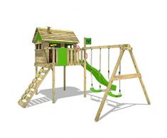 FATMOOSE Aire de jeux FunFactory Fit XXL Maisonnette en bois Portique de jeux avec 2 sièges de balançoire et toboggan