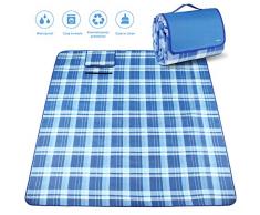 INTEY Couverture de pique-nique 200 x 175 cm avec dessus en polaire douce et fond hydrofuge, immense couverture de camping avec poignée, bleu / blanc