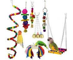 Jouets pour Oiseaux, Camiter 7 Pièces Jouets à mâcher , Jouets à Suspendre avec Clochette , Balançoires, Échelles, Décoration Animal Cages pour Oiseaux