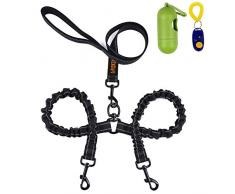 Laisse double pour chien ou animal domestique - Matière élastique réfléchissante - Absorption des chocs à 360 ° - Sans nœuds - Marche/entraînement avec deux chiens - Sac ramasse-crottes inclus