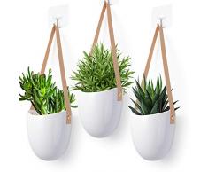 Herefun Pot de Fleurs à Suspendre Blanc Macramé Céramique Pot Céramique pour Plantes Suspendues Lot de 3 Intérieur Extérieur Jardinière Murale pour Maison Décor 12 x 11,5 cm