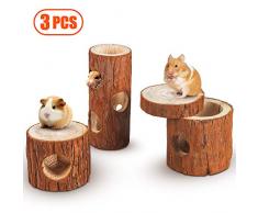 Lurowo Jouet de Hamster, 3 Accessoires de Jouet à Mâcher en Bois Naturel, Jouet Arbre Trou Tunnel avec Couvercle Amovible, Idéal pour Hamster Écureuil Furet Cobaye Chinchilla Perroquet