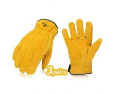 Vgo 3 Paires de Gants de Travail, en Cuir de Vache, pour Chauffeurs, Jardinage, Stockage, Travaux Agricoles. Multifonction (10/XL,Jaune,CB9501)