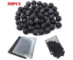 CESFONJER 90 Pcs Aquarium Fish Tank Filtre 18mm Bio Boules Bio-Balls pour Filtration Nettoyage (Noir) + 15 x 20 cm/2 pcsAquarium Filtre Maille Sacs