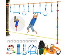 Odoland Slackline Kit Parcours dobstacles à Suspendre Mixte, Ninja Slackline Monkey Bar Kit, Stage dentraînement dobstacles, Balançoire Obstacle Cours descalade pour Enfants