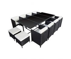 Salon de Jardin encastrable SANTORIN en résine tressée Noire 12 Places - Coussins crème
