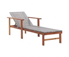 vidaXL Bois dAcacia Massif Chaise Longue de Jardin Bain de Soleil de Patio Transat de Terrasse Extérieur Piscine Résine Tressée Gris