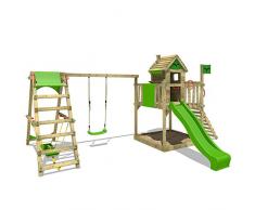 FATMOOSE Tour d'escalade enfants RockyRanch Roll XXL avec planche de surf balancer Portique de jeux Cabane sur plateforme avec véranda toboggan balançoire echelle à grimper et grande bac à sable