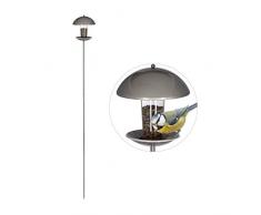 Relaxdays Mangeoire à oiseaux, Distributeur de graines en silo, jardin ou balcon, avec piquet H : 172 cm, argenté