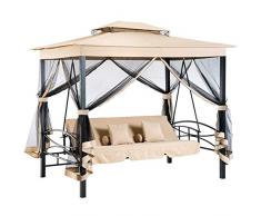 Outsunny Balancelle de Jardin 3 Places Convertible Style Colonial Grand Confort 5 Coussins + Matelas + moustiquaires Inclus 2,32L x 1,49l x 2,45H m Marron Clair