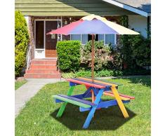 Costway Ensemble de Table et 2 Bancs avec Parasol pour Enfants Table à Pique-Nique dExtérieur en Bois Mobilier de Jardin Terrasse Patio Meubles de Camping Multi-Couleur