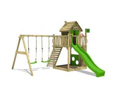 FATMOOSE Aire de jeux HappyHome Hot XXL Tour d'escalade en bois Portique de jeux avec 2 pièces de balançoire, toboggan vert clair, bac à sable + Accessoires