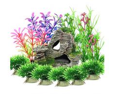 Vibury Aquarium Decoration Plantes, 13 Pièces Taille Plantes daquarium Plastique Décoration et Rocher Polyrésine Grotte Ornement Decoration