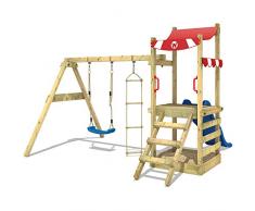 WICKEY Portique de jeux en bois FunFlyer Aire de jeux Cabane Tour d'escalade avec balançoire, bac à sable, écelle de corde, toboggan rouge + bâche rouge