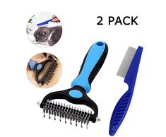 Peigne Brosse de toilettage Pet, 2 Pack Peigne de toilettage Outil – Double face 17+9 dents râteau de démêlage + acier inoxydable peigne anti-puces brosse, pour Chiens et Chats Cheveux Longs ou