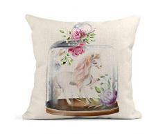Coussin Coussin Animal Rose Belle Licorne Cheval Magique et Fleurs en Verre Maçon en Bocal Fantaisie Aquarelle Blanc Antique Coussin en Lin Coussin Décoratif pour la Maison