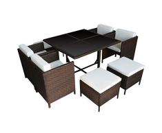 Salon de Jardin encastrable SANTORIN en résine tressée Marron 8 Places - Coussins crème