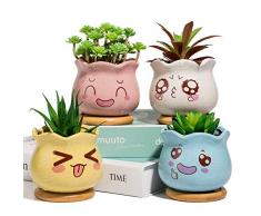 Yangbaga Pot de Fleur en Céramique avec Plateau en Bambou et Mignons Décor émoticône, Pot de Succulent Jolie Déco pour Maison Etagere Bureau Jardin Salon (4Pcs)