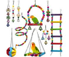 10 Jouets pour Oiseaux pour Perroquets, Perruches, Canaris, Pinsons, Aras et Calopsittes - Coloré, Fiable et Masticable| Jouets à Mâcher, Balançoire Echelle Perchoir Pont Perles Bois Balle Cloche.