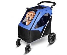 amzdeal Poussette pour Chien Pliable- avec 4 Roues en EVA, Chariot Imperméable Animaux Charge à 60 KG pour Moyens/Grands Chiens et Chats en Voyage, Solide et Respirant, Bleu