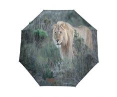 DUILLY Parapluie Ouverture/Fermeture Automatique,Animal Lion Sauvage Image Carnivore Prédateur Balades Buisson Forêt sèche,Parasol Se Pliant,Coupe-Vent,imperméable,à séchage Rapide,léger et Compact