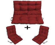 SuperKissen24 Coussin Dossier pour Banc de Jardin Canapé - 100x50 cm et Appui 100x60 + 2X 48x96 cm Coussin de Chaise Longue - Bain de Soleil - Intérieur/Extérieur – imperméable - Rouge foncé