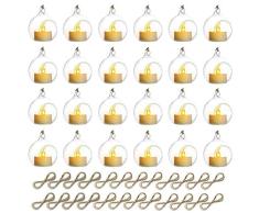 Bougie Photophore Suspendue Hoder 20 Pièces avec LED Bougie à Thé Blanc Chaud Mini Photophore en Verre, 6cm De Diamètre, Globes De Terrarium en Verre pour La Décoration De larbre De Fête