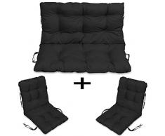 SuperKissen24 Coussin Dossier pour Banc de Jardin Canapé - 100x50 cm et Appui 100x60 + 2X 48x96 cm Coussin de Chaise Longue - Bain de Soleil - Intérieur/Extérieur – imperméable - Noir