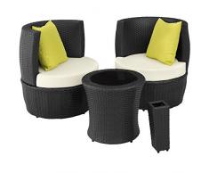 tectake 800690 Salon de Jardin encastrable 2 Personnes en résine tressée, Structure en Aluminium, 2 Fauteuils et 1 Table, Pot de Fleur et Coussins Inclus - Plusieurs Coloris - (Noir | no. 403139)