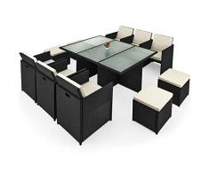 Salon de Jardin encastrable en polyrotin Noir 10 Places Ensemble de 6 Fauteuils 4 Tabourets 1 Table 16 Coussins Jardin