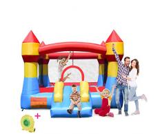 COSTWAY Château Gonflable Aire de Jeux Gonflable avec Toboggan pour Enfant en Tissu Oxford Equipée de Filet Protecteur et Pompe 370 x 280 x 230 CM