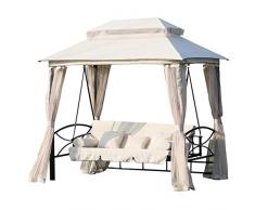 Outsunny Balancelle de Jardin 3 Places Convertible Style Colonial Grand Confort 5 Coussins + Matelas + moustiquaires Inclus 2,45L x 1,65l x 2,43H m Beige