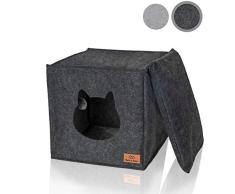 Bella & Balu Panier niche pour chat en feutre – Abri pour chat premium pliable avec coussin douillet et jouet - Pour étagères type Ikea® ou à poser au sol (Gris foncé)