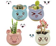 EMAGEREN 4 Pcs Pot de Fleur en Céramique Blanc Bleu Rose Jaune 4 Pcs Plateau en Bambou Cache Pot Ronde Petite Jardinière Mignon pour Plantes Decoration Maison Bureau Jardin Salon Exterieur Cadeau