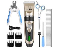 TEUEN Tondeuse Chien Professionnelle Ceramic Tondeuse Animaux Electrique sans Fil Rechargeable Tondeuse Chat avec 4 Peignes + Accessoires Pro [Affichage de Batterie, Version Améliorée] (Gold)