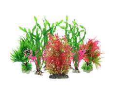 Plante Aquarium Artificiel, PietyPet 7 Pièces Gros Taille Aquarium Decoration Cachette Plastique en Plastique Décoration, Plastique pour Décoration daquarium, Rouge et Vert