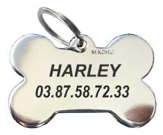 MACHU - Médaille Chien os chromé 3,8 cm X 2,5 cm Personnalisable - Convient à Grand Chien - Gravure Profonde et soignée, colorée Peinture Noire. Gravure Offerte.