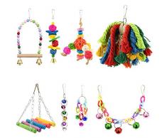 Furpaw Jouet Perroquet, Suspendu Balançoire Socle Suspendu Pont Cloche Corde Oiseaux, Jouet Bois pour Perroquet - 8PCS